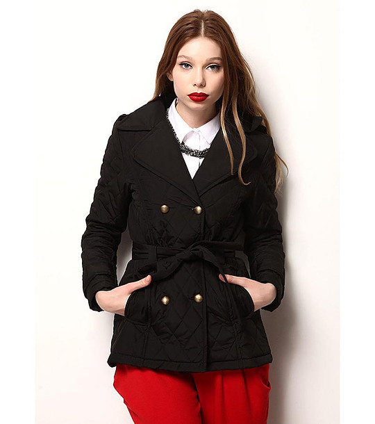Дамско късо палто в черен цвят с колан снимка