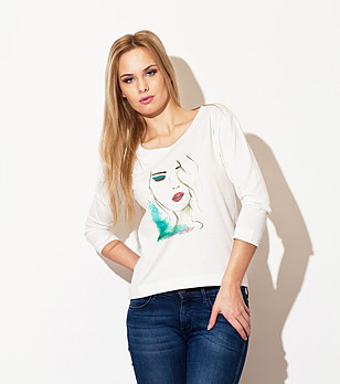 Бяла памучна дамска блуза със 7/8 ръкави  снимка