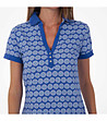 Дамска памучна тениска с яка в синьо с принт-1 снимка
