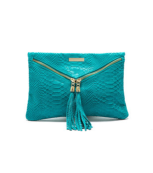 Дамска кожена чанта в синьо-зелено тип плик Simone снимка