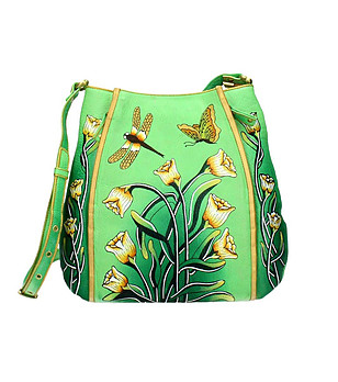 Зелена кожена дамска чанта с ръчно рисувани цветя снимка