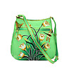 Зелена кожена дамска чанта с ръчно рисувани цветя-1 снимка