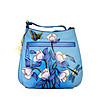 Синя кожена дамска чанта с ръчно рисувани цветя-1 снимка