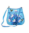 Синя кожена дамска чанта с ръчно рисувани цветя-4 снимка