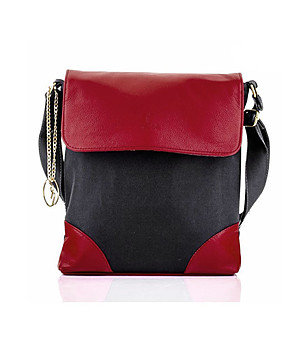 Дамска чанта в черно и червено с капак снимка