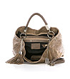 Дамска кожена чанта в цвят таупе с пискюли-3 снимка