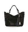 Черна кожена дамска чанта с пискюл-0 снимка