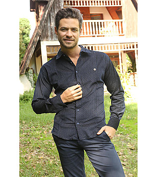 Памучна мъжка риза в тъмносиньо с принт  Domino снимка