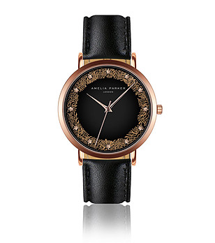 Дамски часовник в черно и розовозлатисто с кожена каишка Emelia снимка