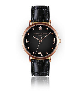 Дамски часовник в розовозлатисто и черно с каишка с релеф Viv снимка