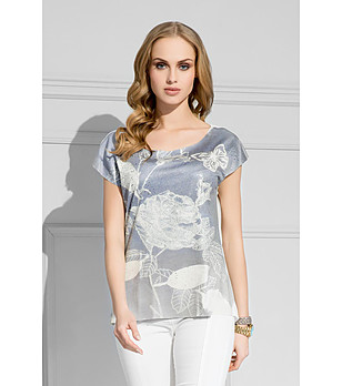 Дамска блуза в цвят екрю и сиво с флорален принт  снимка