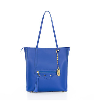 Синя кожена дамска чанта с дълги дръжки снимка