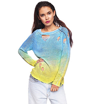 Дамски пуловер в синьо и жълто снимка