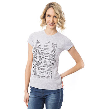 Светлосива памучна дамска тениска с надписи снимка