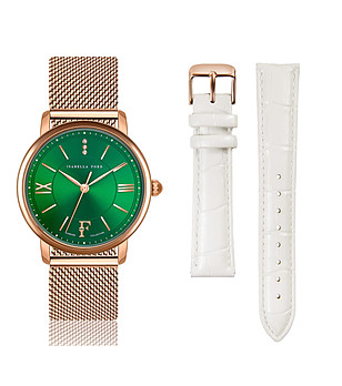 Златист часовник със зелен циферблат и бяла допълнителна каишка Monroe снимка