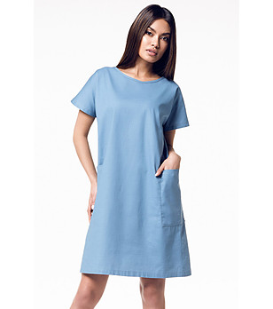 Синя рокля с лен и джобове Berta снимка