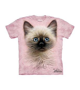 Детска памучна розова тениска с принт Сиамско коте снимка