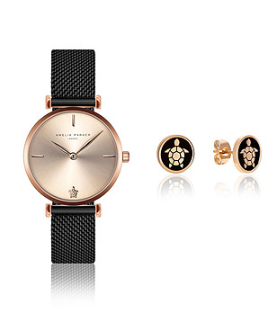 Дамски комплект от часовник и обеци в розовозлатисто и черно Shore снимка