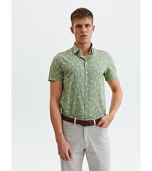 Светлозелена мъжка памучна риза с принт Vin снимка