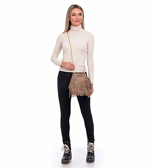 Дамска кожена чанта в цвят таупе с ресни Via снимка