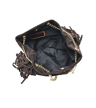 Дамска кожена чанта в тъмнокафяво с декорация от капси Sini снимка