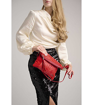 Червена дамска чанта с кроко релеф Silia снимка