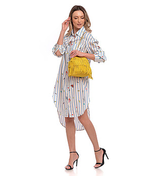 Жълта дамска кожена чанта естествен велур с ресни Via снимка