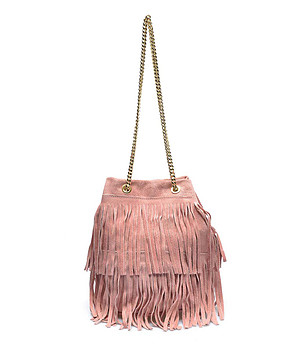 Розова дамска кожена чанта естествен велур с ресни Via снимка