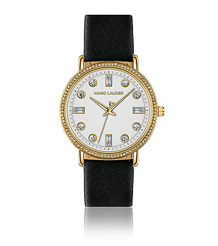 Златист дамски часовник с черна кожена каишка Paris снимка