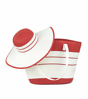 Плажен комплект от чанта и шапка в бяло и червено  Carian снимка