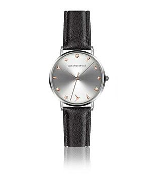 Сребрист дамски часовник с черна кожена каишка Primrose снимка