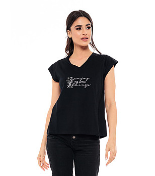 Дамска памучна тениска в черен цвят Folina снимка