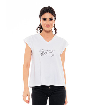 Дамска памучна тениска в бяло Folina снимка