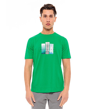 Зелена мъжка памучна тениска с принт в предната част Zam снимка