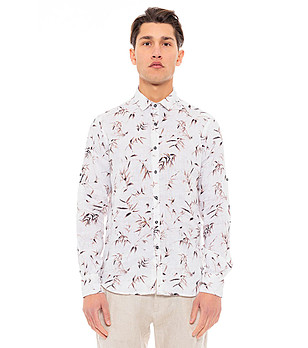Мъжка бяла ленена риза с флорален принт снимка