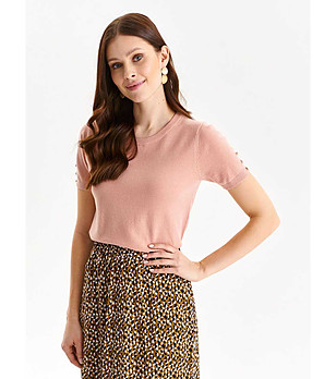 Дамска блуза от фино машинно плетиво в цвят розова пудра Eve снимка