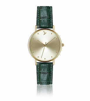 Дамски часовник в златисто със зелена кожена каишка Mona снимка
