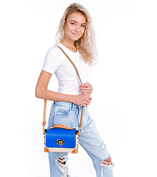 Дамска кожена чанта в бежово, синьо и оранжево Nevona снимка