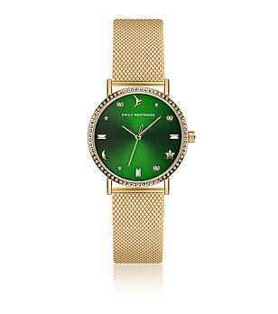Златист дамски часовник с камъчета и зелен циферблат Tola снимка