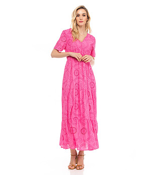 Дълга розова памучна рокля от английска дантела снимка