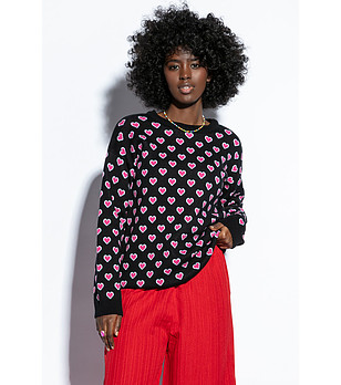 Черен дамски памучен пуловер на розови сърца Amelia снимка