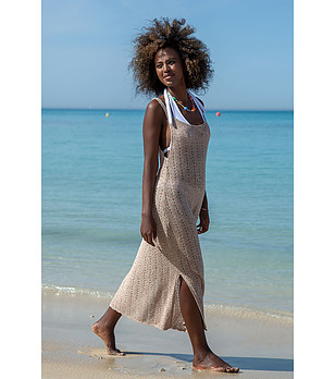 Ефектна памучна ажурена рокля в пясъчен нюанс Jelena снимка