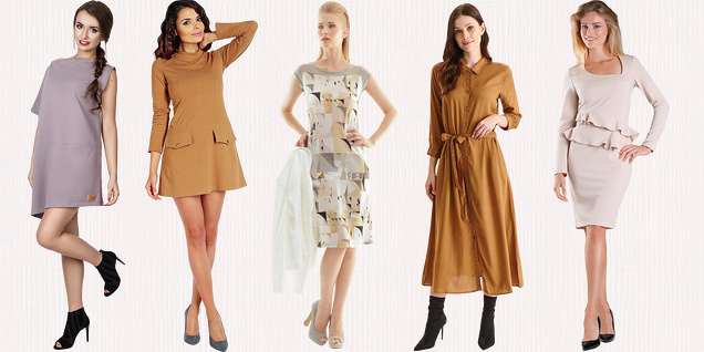 Елегантна с рокля в нюанси на бежово и кафяво снимка