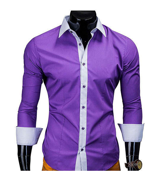 Лилава памучна мъжка риза с контрастни детайли снимка