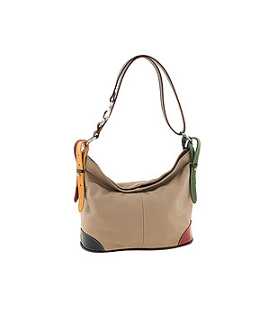 Дамска кожена чанта в цвят таупе с контрастни елементи Mona снимка