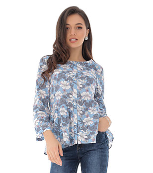 Светлосиня памучна дамска блуза с флорален принт Fancy снимка