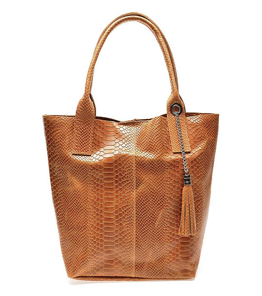 Дамска чанта с релеф в цвят коняк Lornita снимка