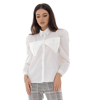 Бяла дамска памучна риза с буфан ръкави Lavoni снимка