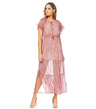 Дълга ефирна рокля в цвят сьомга с флорален принт Luisa снимка