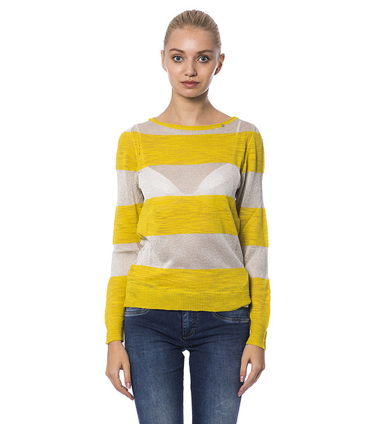 Фин дамски пуловер в жълто и бежово със златисти нишки снимка